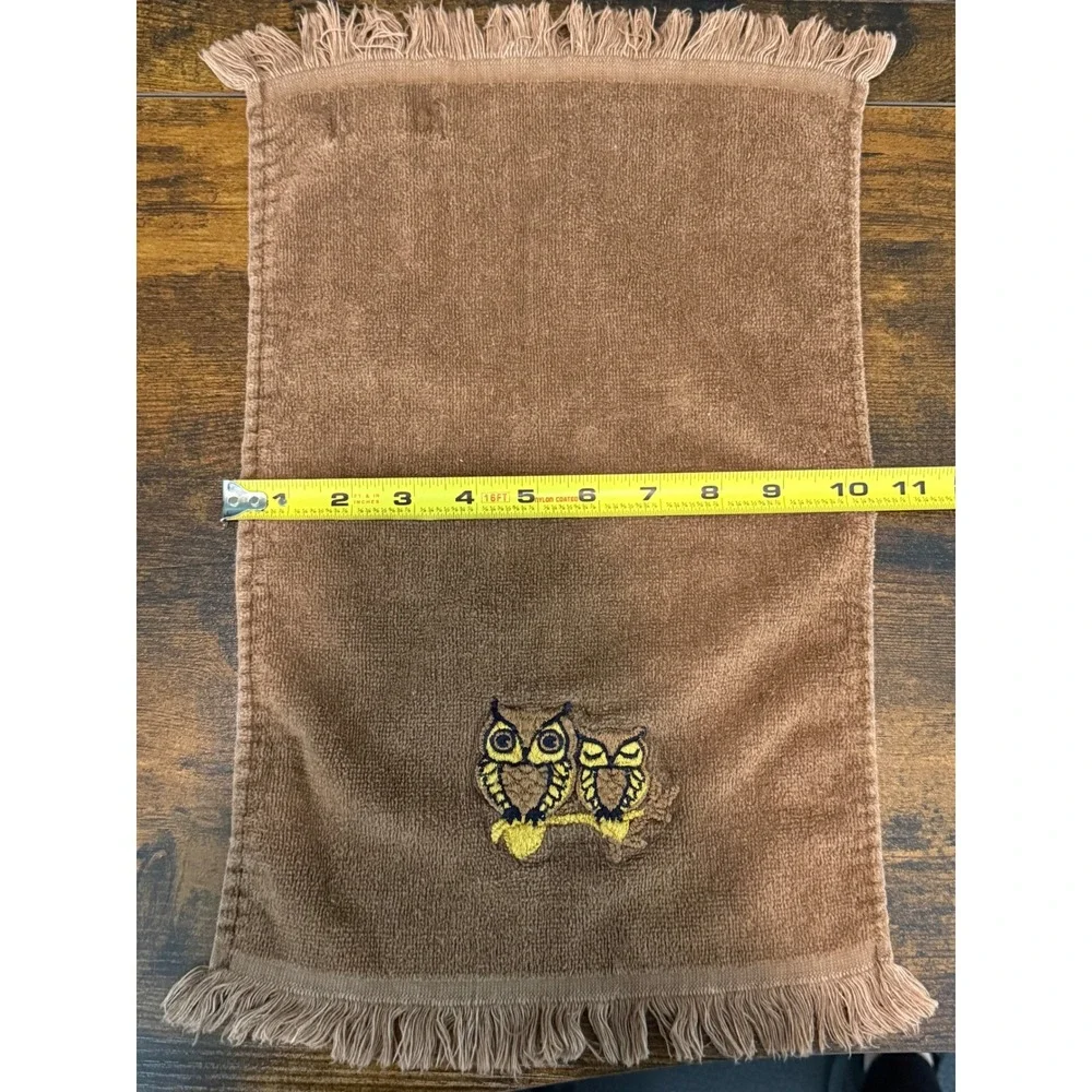 Martex Owl Hand‎ Towel Vintage Brown Cotton Fringe 11x17 Embroidered 70s